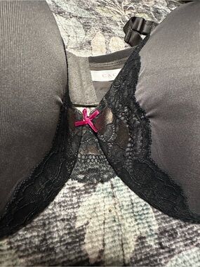 Cacique Black Lace T-Shirt Bra with Pink Accent Bow